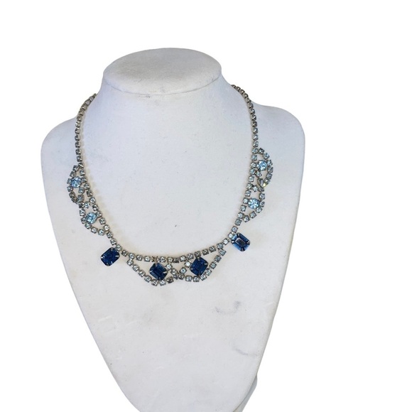 Vintage Royal Blue & Light blue Rhinestone Necklace Silver Tone - Picture 2 of 7